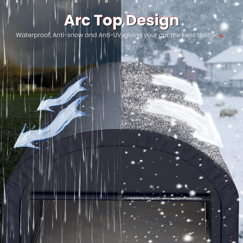 KING BIRD 10' x 15' Heavy Duty Round Style Carport with Roll-up Ventilated Windows，Anti-Snow Car Port Garage Car Tent Car Canopy Outdoor Instant Garage with Reinforced Ground Bars