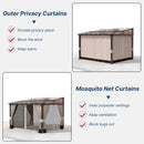 Gotland 10FTx12FT Outdoor Wall-Mounted Hardtop Pergola, Metal Frame Gazebo with Sloping Sun Panel Roof and Double Curtains for Patio, Garden, Lawn, Khaki