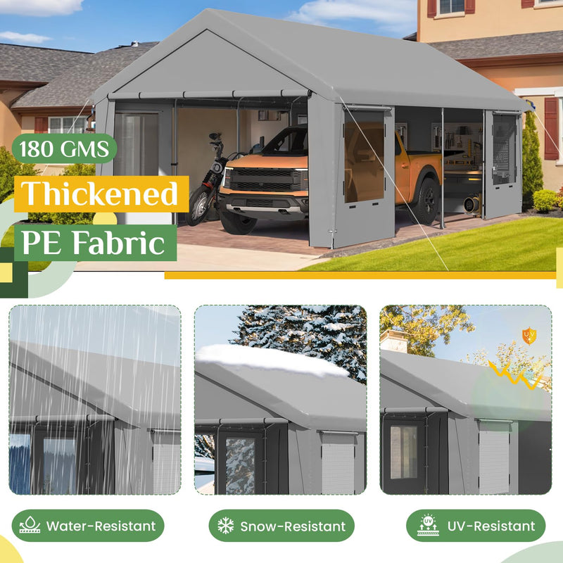 EROMMY 12' x 24' Heavy Duty Carport，Portable Garage with UV Protection & Steel Frame, Car Port with Removable Sidewalls, All-Season Car Canopy for Tractor, Truck, Boat, Outer Gray and Inner White