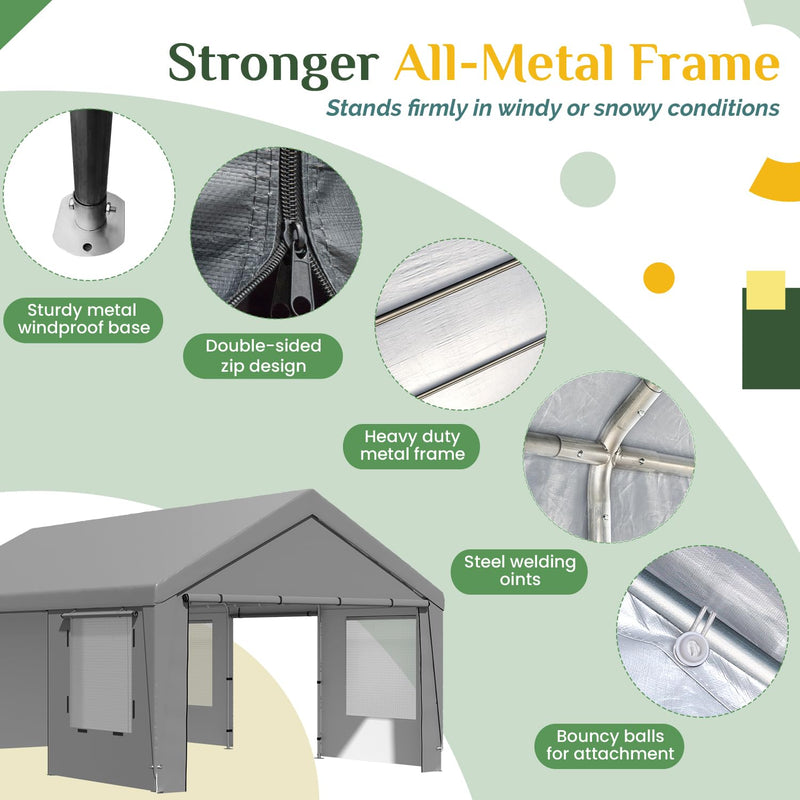 EROMMY 12' x 24' Heavy Duty Carport，Portable Garage with UV Protection & Steel Frame, Car Port with Removable Sidewalls, All-Season Car Canopy for Tractor, Truck, Boat, Outer Gray and Inner White