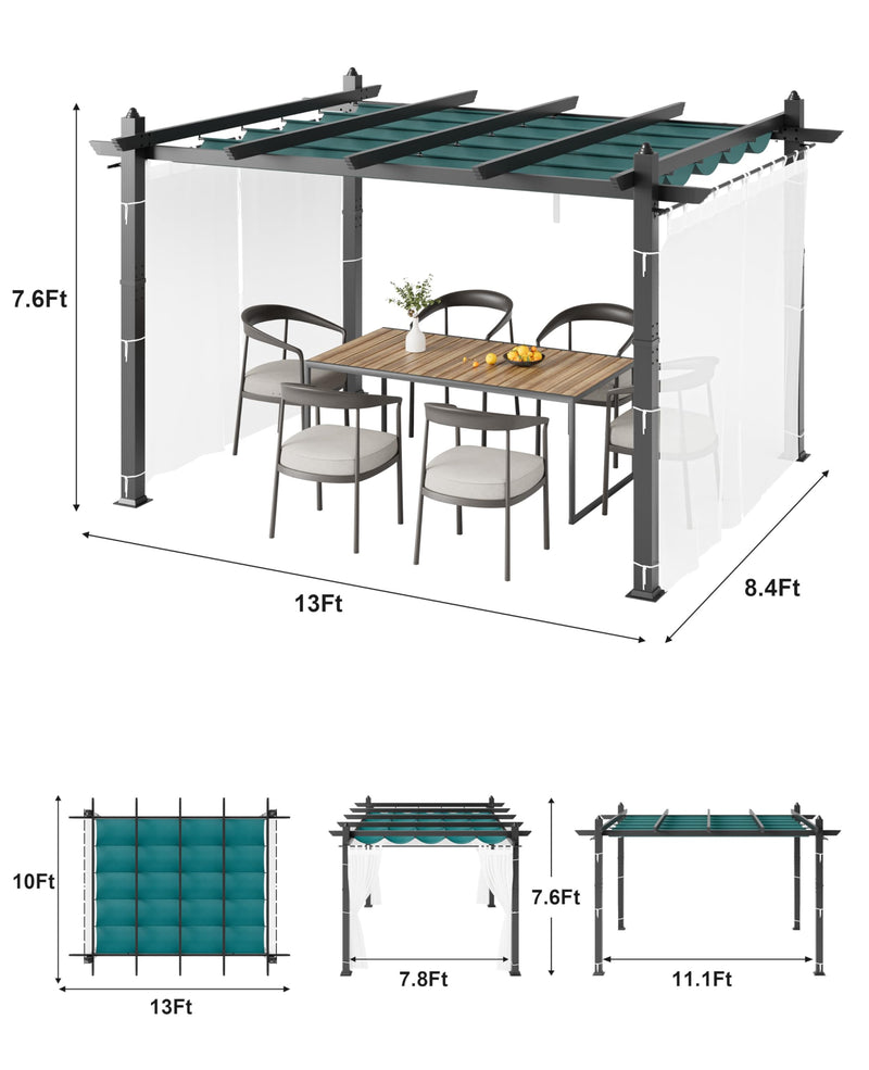Garvee 10x13 Ft Outdoor Retractable Pergola with Canopy and Side Mesh Screen, Upgraded Gray Post Aluminum Pergola, Modern Pavilion for Backyard, Patio, Porch, Grape Trellis, Blue + White