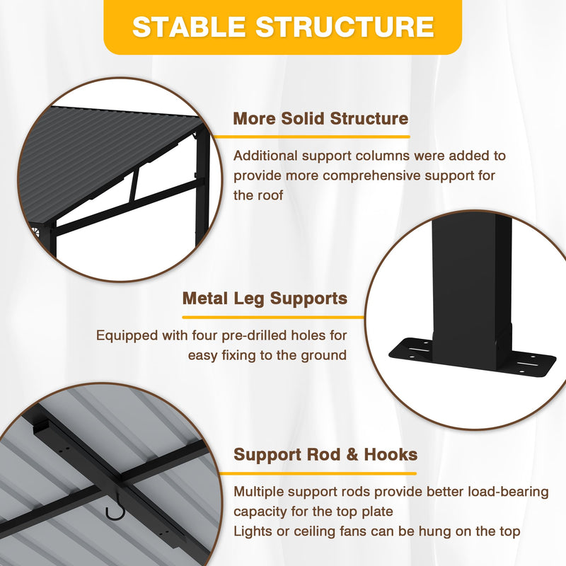 EBE 12' x 12' Hardtop Gazebo, Heavy Duty Lean to Metal Gazebos Outdoor Pergola, Wall Mounted Gazebo with Galvanized Steel, Patio Roof Awning for Patio, Deck, Backyard