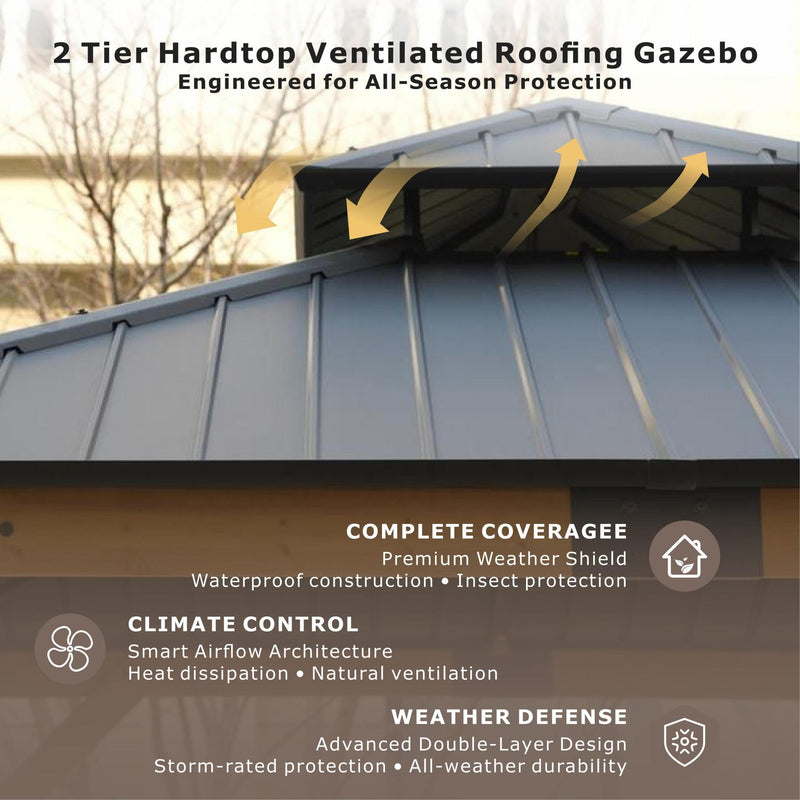 Oasisphere 10x12 Wood Gazebo, Cedar Wood Hardtop Pavilion with Double-Layer Galvanized Steel Roof, 120mm Thick Wooden Posts for Patio, Backyard, Garden, Deck