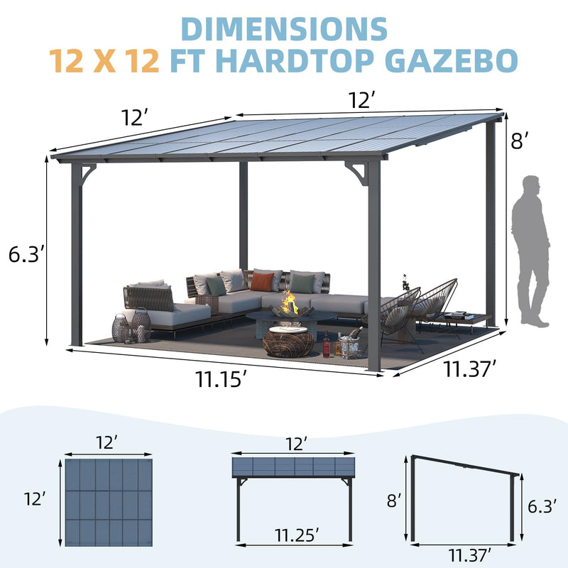 AECOJOY 12' x 12' Gazebo Outdoor Pergola for Patio, Large Wall-Mounted Hard Top Lean to Metal Gazebo Shelter Pergolas and Gazebos Clearance with Patio Roof, Heavy Duty Awnings for Patio, Decks