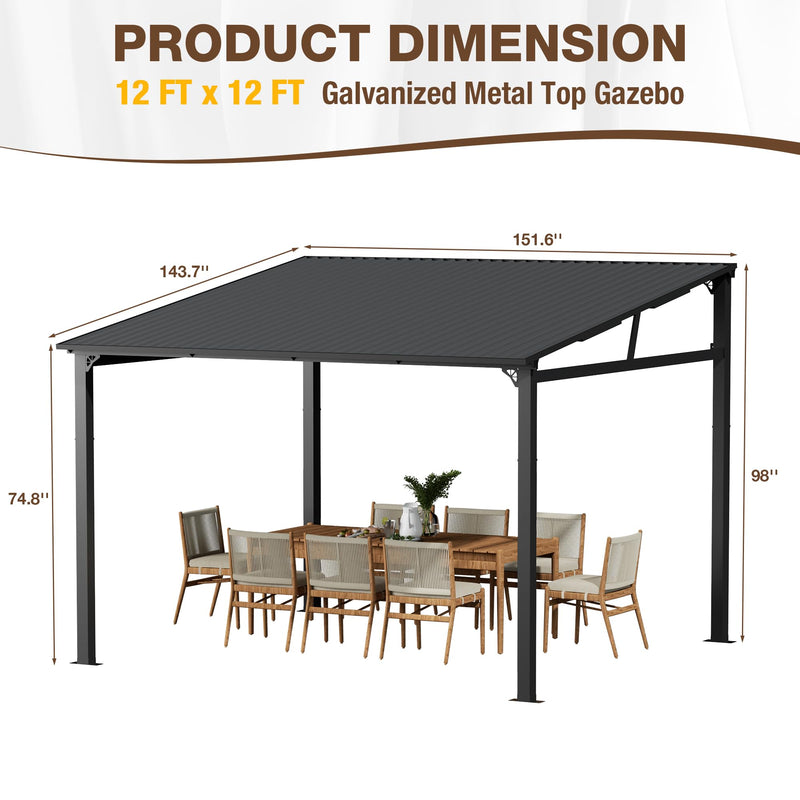 EBE 12' x 12' Hardtop Gazebo, Heavy Duty Lean to Metal Gazebos Outdoor Pergola, Wall Mounted Gazebo with Galvanized Steel, Patio Roof Awning for Patio, Deck, Backyard