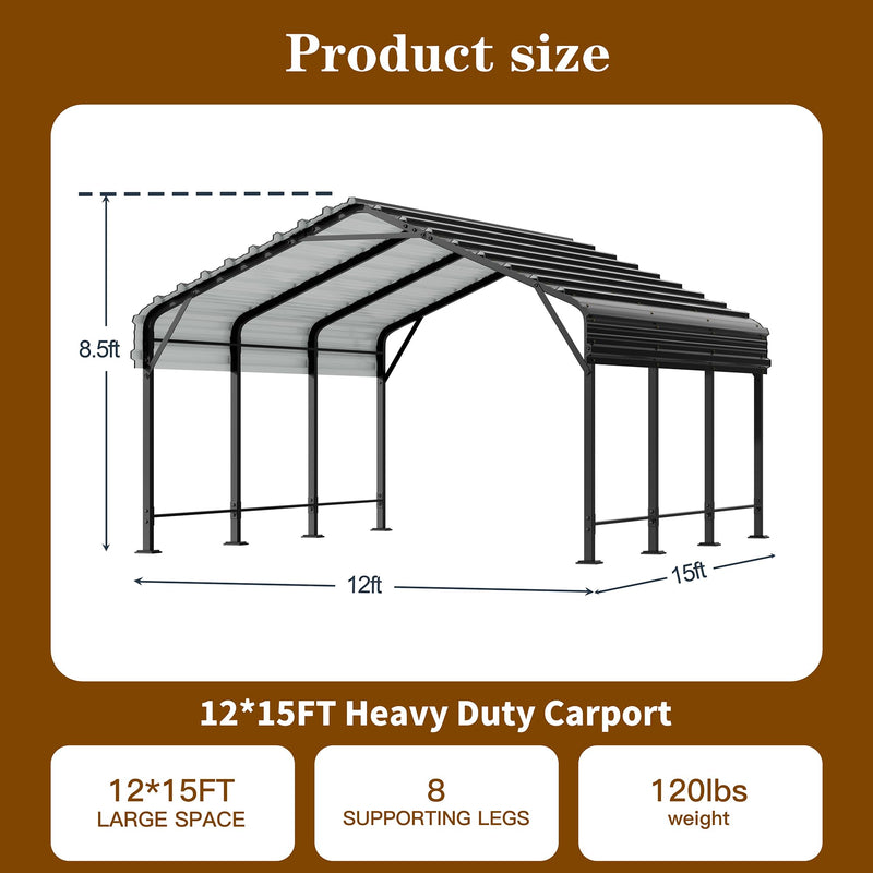 Walsunny Metal Carport 12x15 FT Heavy Duty Carport Canopy with Enhanced Base, Outdoor Car Shelter with Galvanized Steel Roof and Frame Garage for Truck, SUV, Boat, Gray