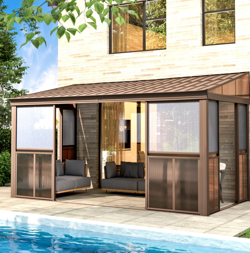 EROMMY 10' x 14' Sunroom, Wall Mounted Gazebo with Galvanized Steel Roof & Aluminum Frame, 3-Sided Sliding Doors, Lean to Gazebo with 6mm Thickened UV-Resistant PC Screen for Patio, Garden, Backyard