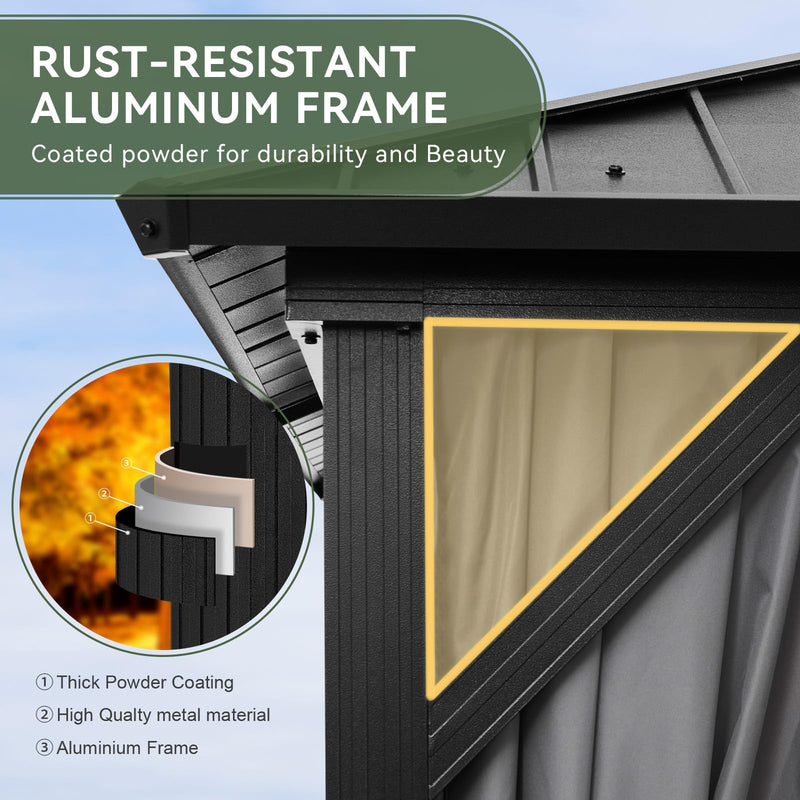 Aoxun 10' X 12' Hardtop Gazebo, Aluminum Outdoor Gazebo with Galvanized Steel Double Roof Canopy, Permanent Metal Pavilion with Privacy Curtain and Netting, for Garden, Backyard, Square Foundation