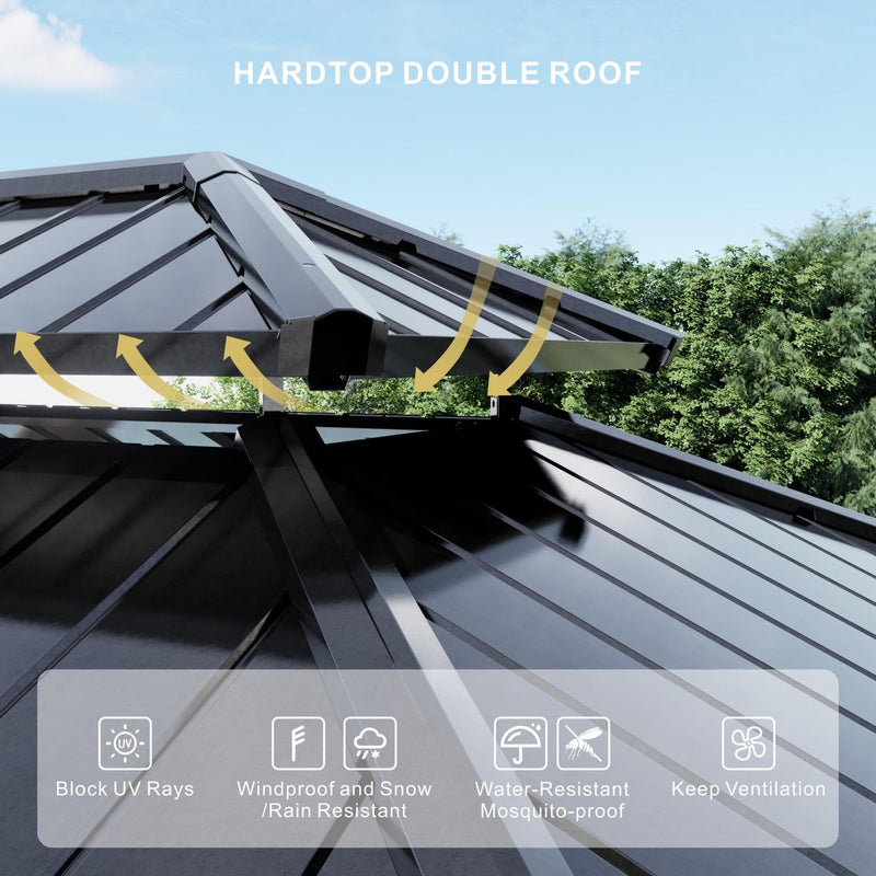 SOLUMIA 10’x12’ Hardtop Gazebo, Galvanized Steel Double Roof Canopy with Aluminum Frame, Outdoor Pavilion with Nettings and Curtains