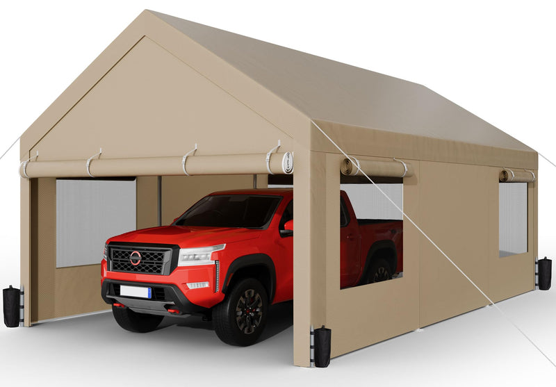 Shintenchi Carport 12' x 20' Heavy Duty Portable Garage, Car Port Canopy with Side-Opening Removable Door & Roll-Up Windows, Car Canopy for Truck,Car,Boat,Motorcycle,Khaki