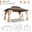 WKM 10x14 FT Hardtop Gazebo with Heavy Duty Galvanized Steel Double Roof, Aluminum Frame Permanent Pavilion with Curtains and Netting, Outside Canopy Gazebo for Patio, Deck and Backyard,Brown