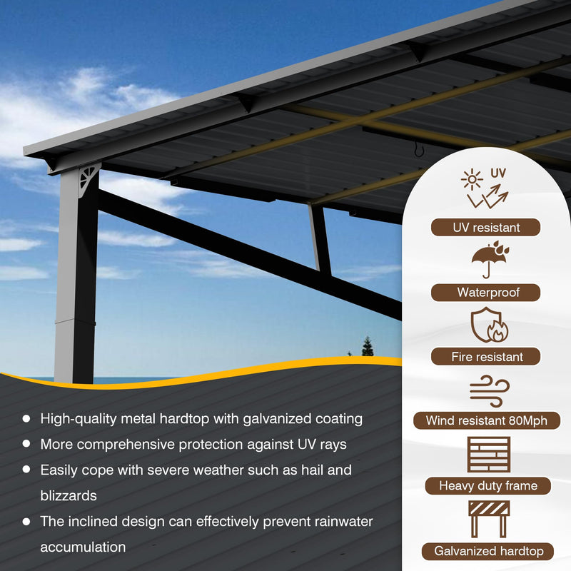 EBE 12' x 12' Hardtop Gazebo, Heavy Duty Lean to Metal Gazebos Outdoor Pergola, Wall Mounted Gazebo with Galvanized Steel, Patio Roof Awning for Patio, Deck, Backyard