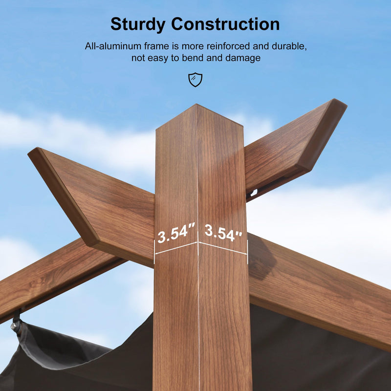 PURPLE LEAF 10' x 10' Outdoor Retractable Pergola with Sun Shade Canopy Patio Metal Shelter for Garden Porch Pavilion Natural Wood Grain Frame Aluminum Gazebo Modern Backyard Grill Pergola Gray