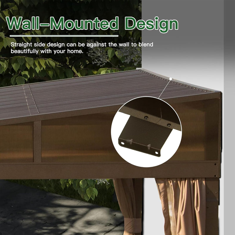 SHPAI 12’ x 20’ Lean to Gazebo, Outdoor Wall Mounted Gazebo Aluminum Frame, Hardtop Pergola with Galvanized Steel Sloping Roof for Patio Deck Garden Backyard, Curtain and Netting Included