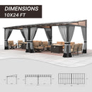 Gotland 10FTx24FT Outdoor Wall-Mounted Hardtop Pergola, Metal Frame Gazebo with Sloping Sun Panel Roof and Double Curtains for Patio, Garden, Lawn, Grey