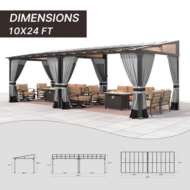 Gotland 10FTx24FT Outdoor Wall-Mounted Hardtop Pergola, Metal Frame Gazebo with Sloping Sun Panel Roof and Double Curtains for Patio, Garden, Lawn, Grey