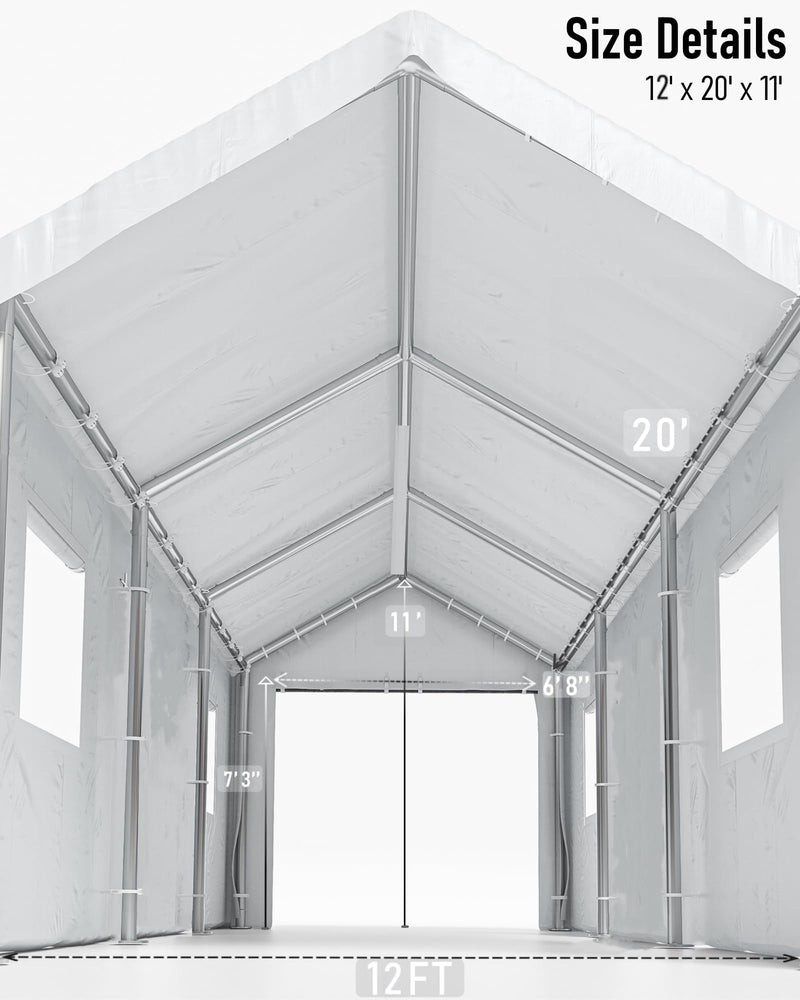 Hipicute 12' x 20' x 11' Heavy-Duty Portable Garage with Canopy Roof, Front and Back Doors, Roll-Up Windows, Portable Carport Reinforced Structure for Cars, Trucks, Boats, and Parties - White