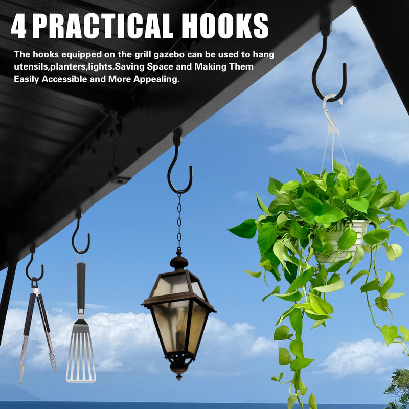 Domi 6.5x12FT Hardtop Grill Gazebo, Outdoor BBQ Gazebo with Galvanized Steel Sloping Roof, Metal Permanent Sun Shade Grill Canopy Shelter with 2 Side Shelves and Ceiling Hooks for Patio Yard, Gray