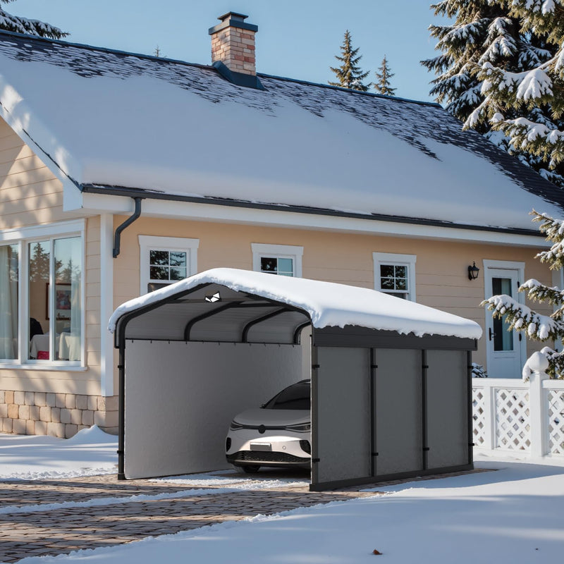 Benass 10x15 Metal Carport, Carport Canopy 10x15 Heavy Duty, Galvanized Steel Roof Car Port with Removable Polyethylene Sidewalls