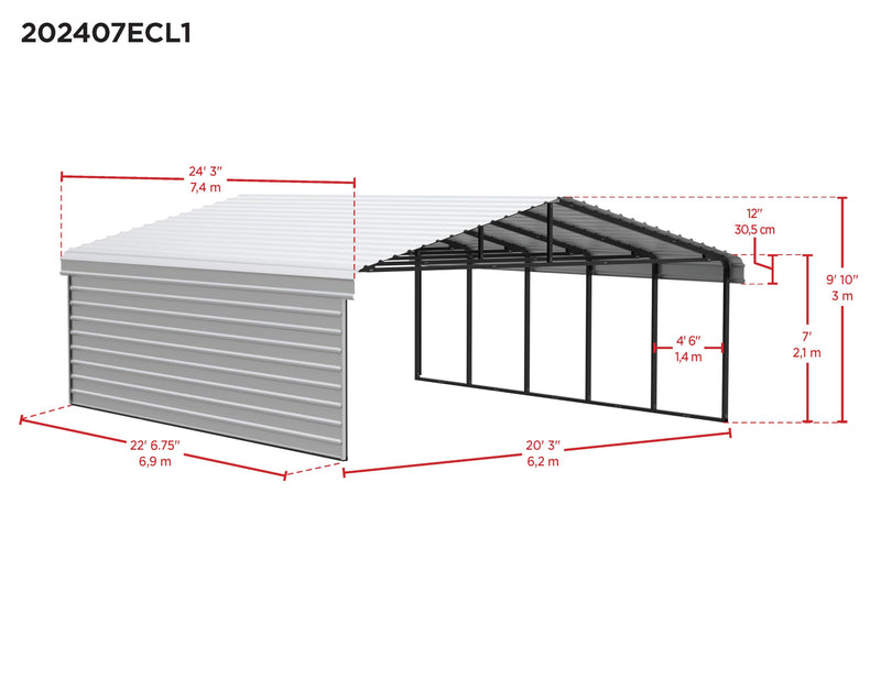 Arrow Carports Galvanized Steel Carport, with 1-Sided Enclosure, Compact Car Metal Carport Kit, 20' x 24' x 7', Charcoal