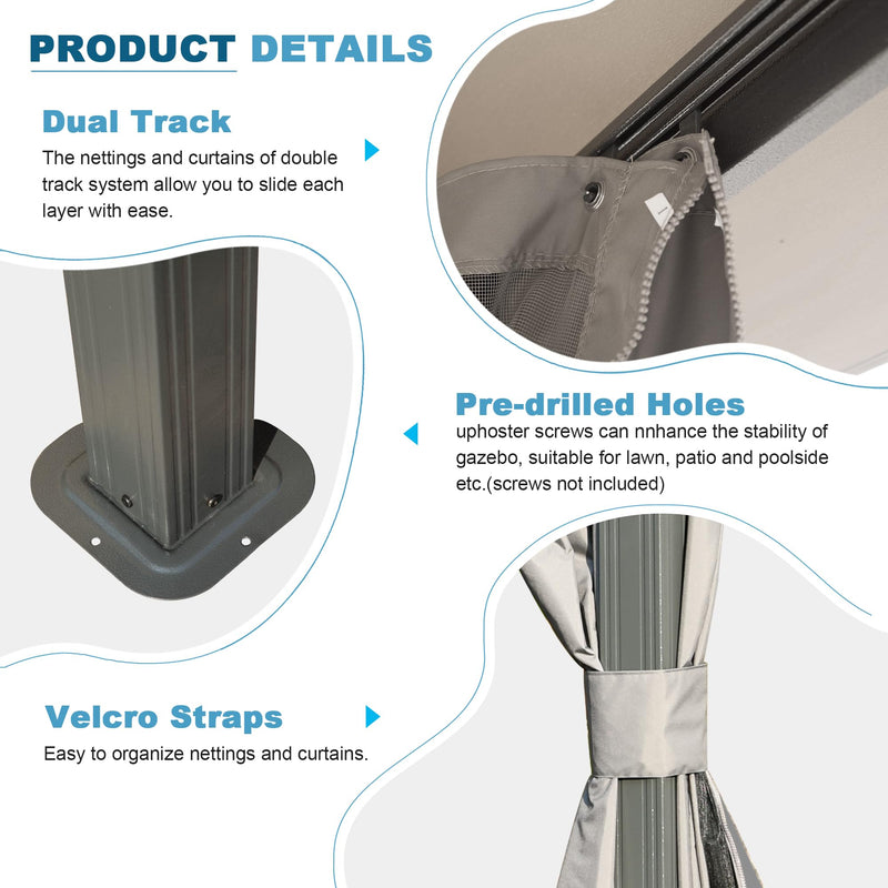 Domi Gazebo 10x20FT, Outdoor Gazebo with Double Roofs, Privacy Curtains, Mosquito Nettings, Heavy Duty Metal Frame Party Tent Canopy for Patio, Backyard, Deck, Lawn, Grey