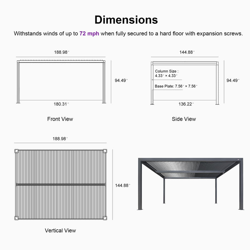 PURPLE LEAF Louvered Pergola 94AS 12' x 16' Outdoor Aluminum Pergola with Fixed Shutter Wall Adjustable Roof for Deck Backyard Grey Hardtop Gazebo, 1/4 Long Side and 1 Short Side