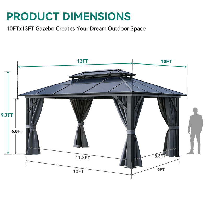 YITAHOME 10x13FT Gazebo Polycarbonate Hardtop Double Roof Canopy Outdoor with Netting and Shaded Curtains, Aluminum Frame Garden Tent for Patio, Backyard, Deck and Lawns, Grey