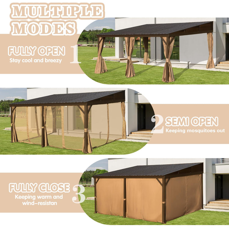 Domi 12x16FT Wall-Mounted Hardtop Gazebo, Aluminum Lean to Gazebo with Galvanized Steel Sloping Roof, Curtains & Netting for Outdoor Patio, Deck, Backyard, Garden Parties