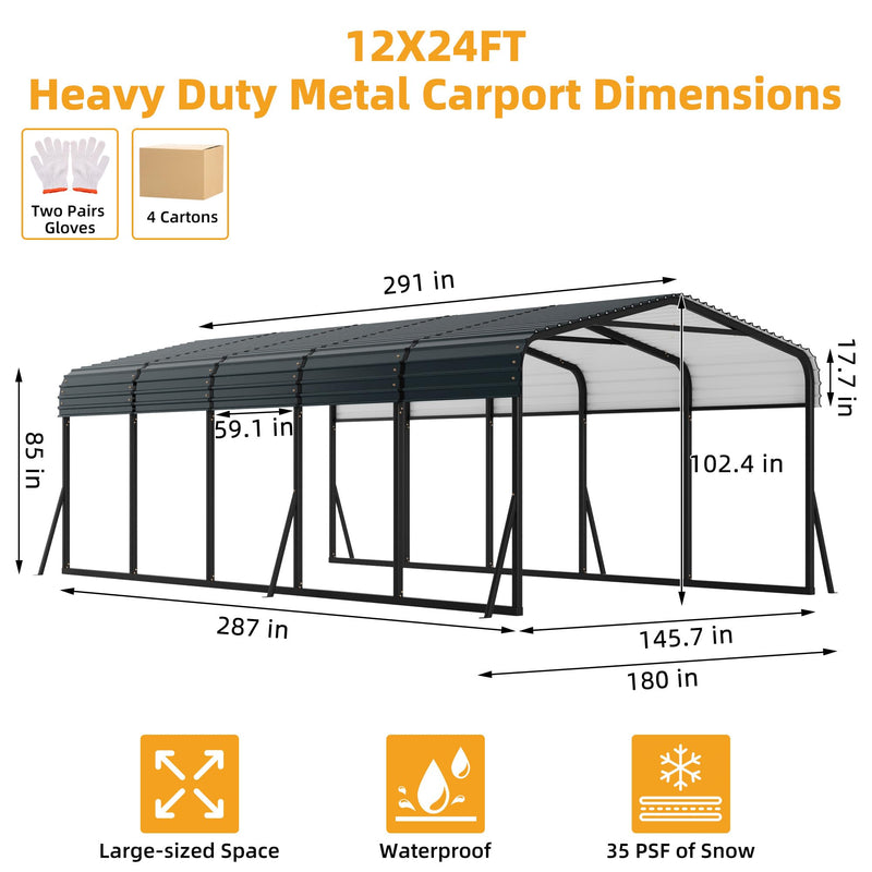 Reljofum 12 x 24 FT Metal Carport with Galvanized Steel Roof, Heavy Duty Metal Roof Carport with Enhanced Base, Tall Kits Garage for Tractors, Trucks, Boats, Cars