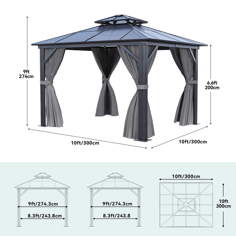 YITAHOME 10X10FT Polycarbonate Hardtop Gazebo Outdoor Patio Double Top Canopy Galvanized Iron Aluminum Column Garden Tent Curtains Netting for Backyards Decks Lawns,Gray