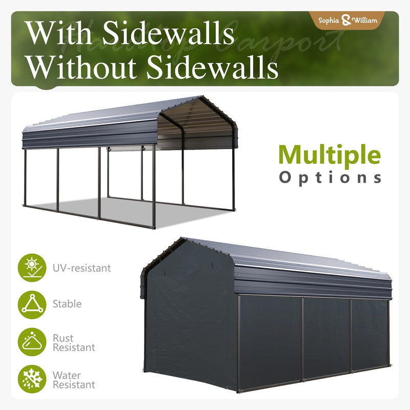 Carport Car Port Metal Canopy 10x15 ft Heavy Duty for Snow, Portable Garage Kit Shed Tent Shelter Metal Frame All Weather Outdoor for Boat with Removable Sidewalls, Dark Grey, Sophia & William