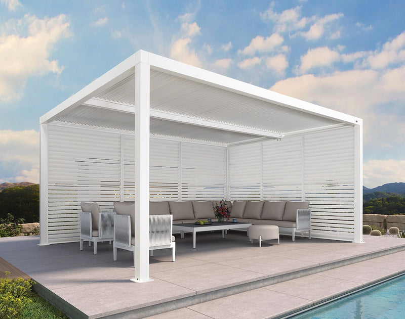 PURPLE LEAF Louvered Pergola 12' x 16' Outdoor White Aluminum Pergola with Fixed Shutter Wall Adjustable Roof Gazebo for Patio Backyard, 1 Long Side and 1 Short Side