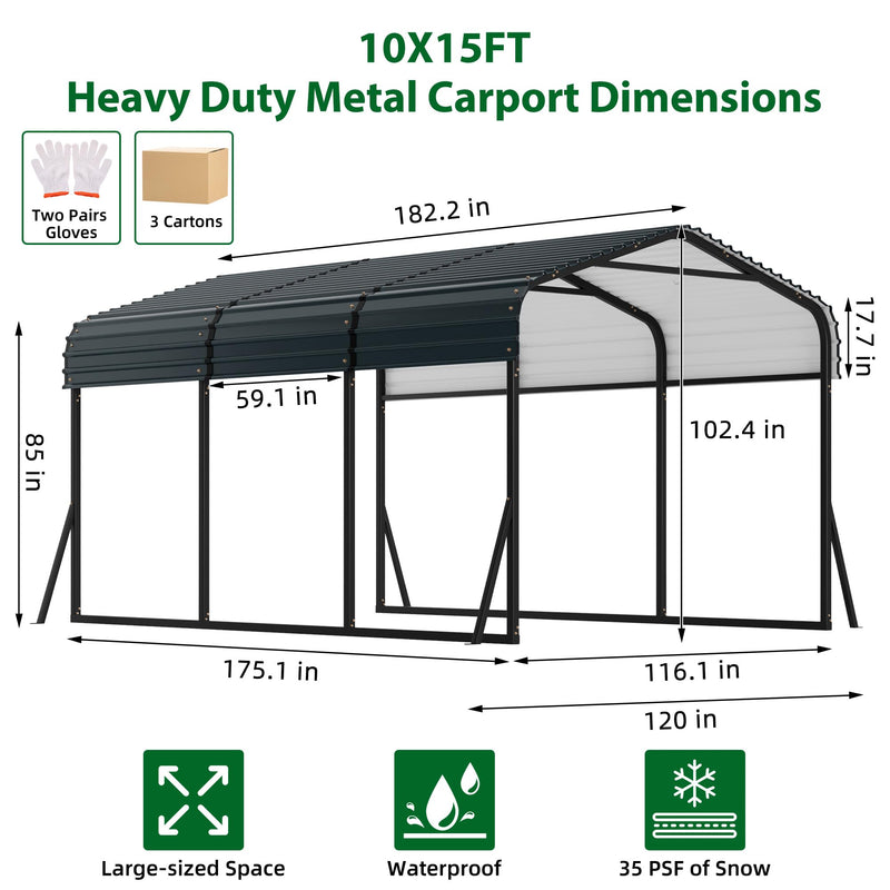 Hipicute 10' x 15' x 8.5' Heavy Duty Metal Carport with Galvanized Steel Roof, Steel Carport Kits Outdoor with Metal Roof, Galvanized Car Shelter for Tractors, Pickup, Boat, Car