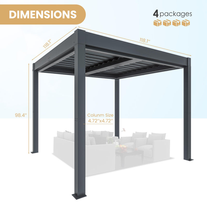 Greesum 10x10FT Outdoor Aluminum Pergola, Electric Adjustable Louvered Pergola with LED Lights and Gutter System, Metal Gazebo for Patio, Deck, Garden, Yard, Black