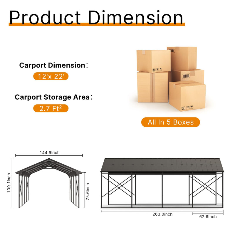 Gotland 12FT x 22FT Heavy Duty Metal Carport, Outdoor Garage Car Shelter with Reinforced Steel Frame, Galvanized Metal Roof, Weather-Resistant Canopy for Cars (Black)