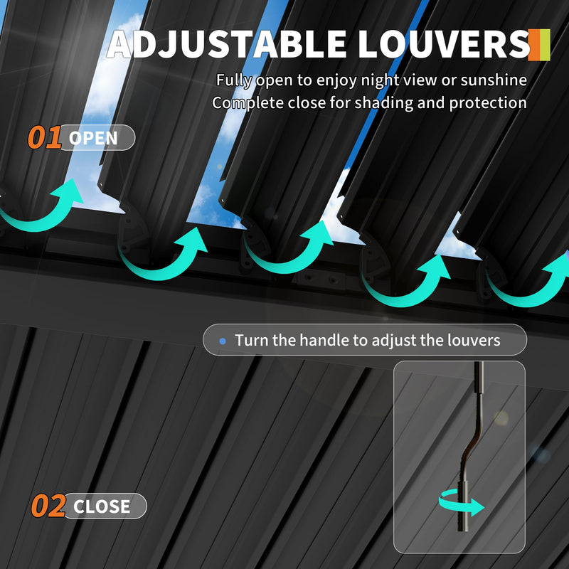 10X20 FT Pergola with Independent Adjustable Rainproof Roof, Outdoor Aluminum Louvered Pergola with Adjustable Top for Deck Garden Backyard