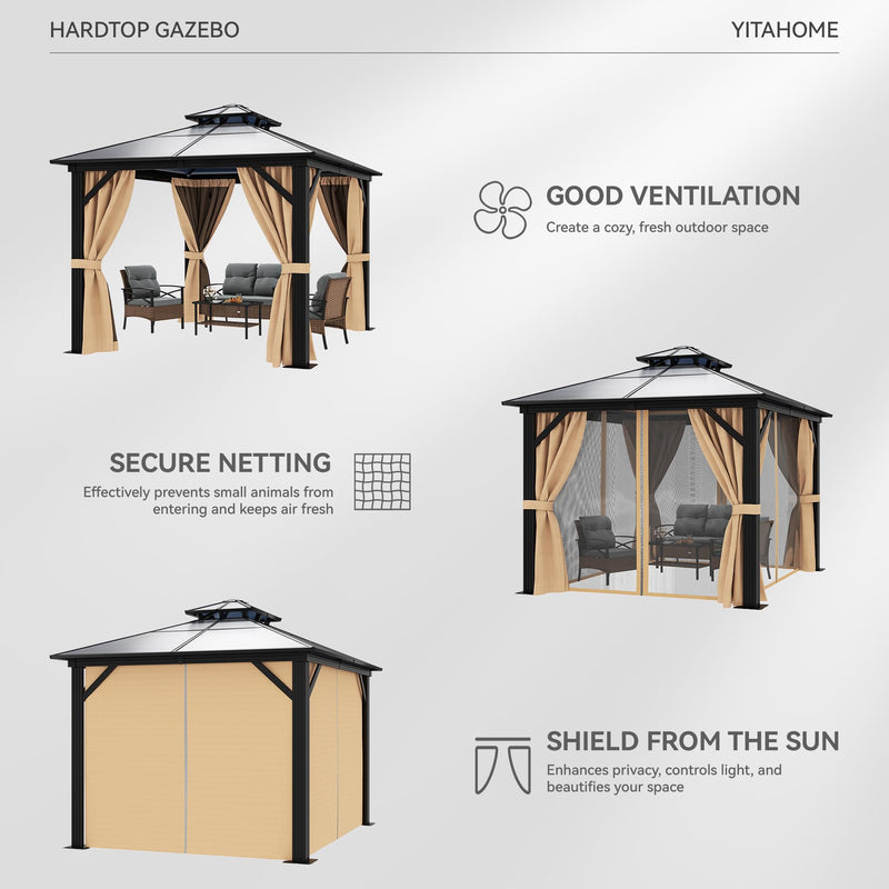 YITAHOME 10X10FT Hardtop Gazebo Outdoor Polycarbonate Patio Double Top Canopy Galvanized Iron Aluminum Column Garden Tent Curtains Netting for Backyards Decks Lawns,Brown