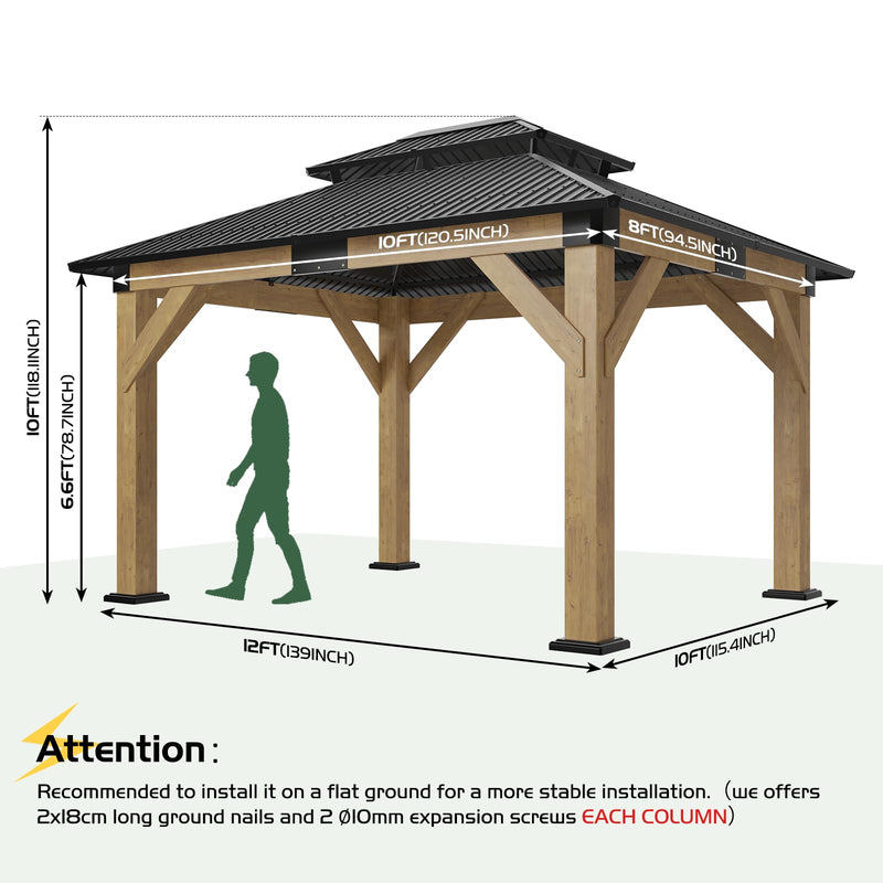 AMERLIFE 10x12 Wood Gazebo, Hardtop Gazebo with Spruce Frame and Aluminum Double Roof, Outdoor Pergola for Parties, Backyard, Patio, Lawns, Black + Natura Wood