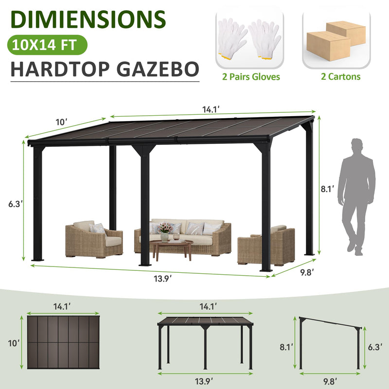DAUSOLA 10x14 FT Gazebo Pergola for Patio, Gazebos Pergola on Clearance with Sloped Roof, Hard Top Lean to Gazebo, Large Wall-Mounted Heavy Duty Awnings for Patio, Backyard, Deck