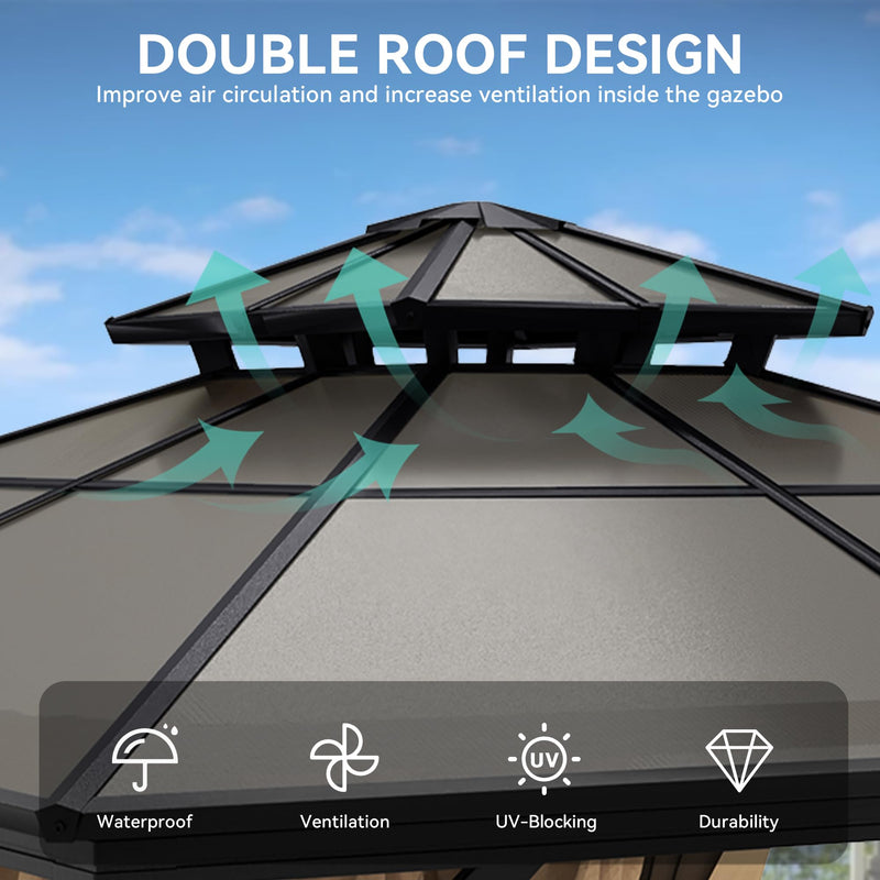 YITAHOME 10X10FT Hardtop Gazebo Outdoor Polycarbonate Patio Double Top Canopy Galvanized Iron Aluminum Column Garden Tent Curtains Netting for Backyards Decks Lawns,Brown