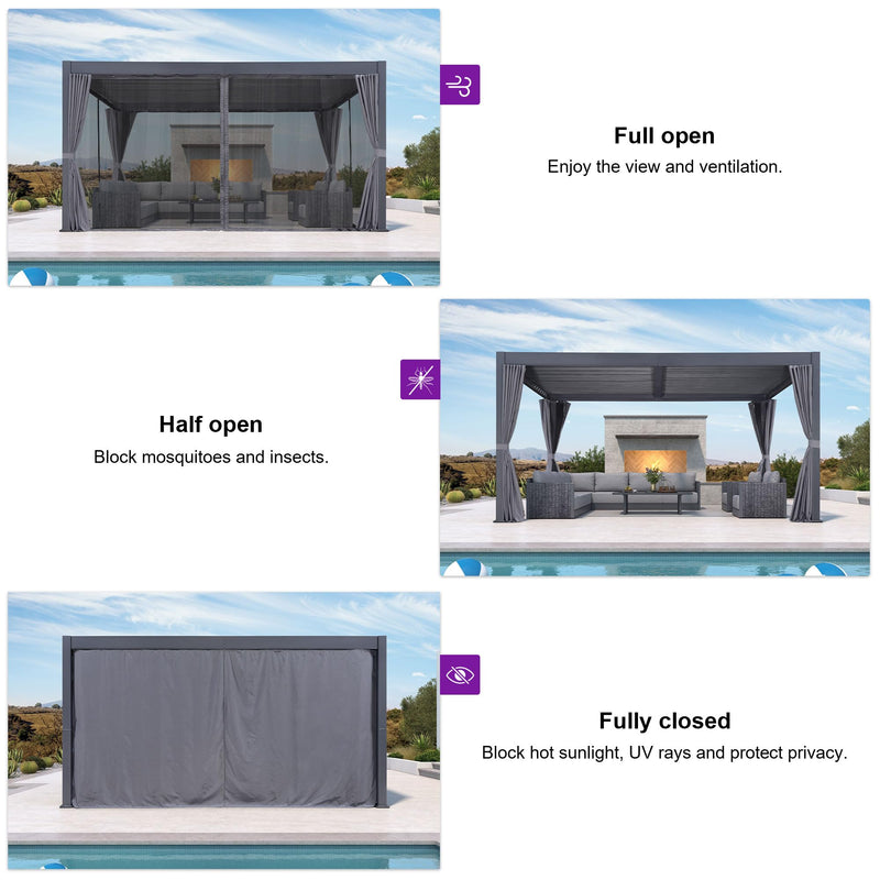 PURPLE LEAF Louvered Pergola 12' x 16' Outdoor Aluminum Modern Gray Pergola with Privacy Curtains and Mesh Netting Adjustable Louvered Roof Durable All-Weather Gazebo