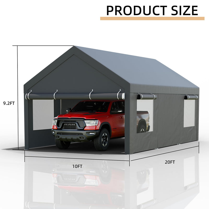 JY QAQA Carport, 12x20 FT Heavy Duty Carport with Removable Side Walls and Doors, Car Canopy with All-Season Tarp for Cars, Grey