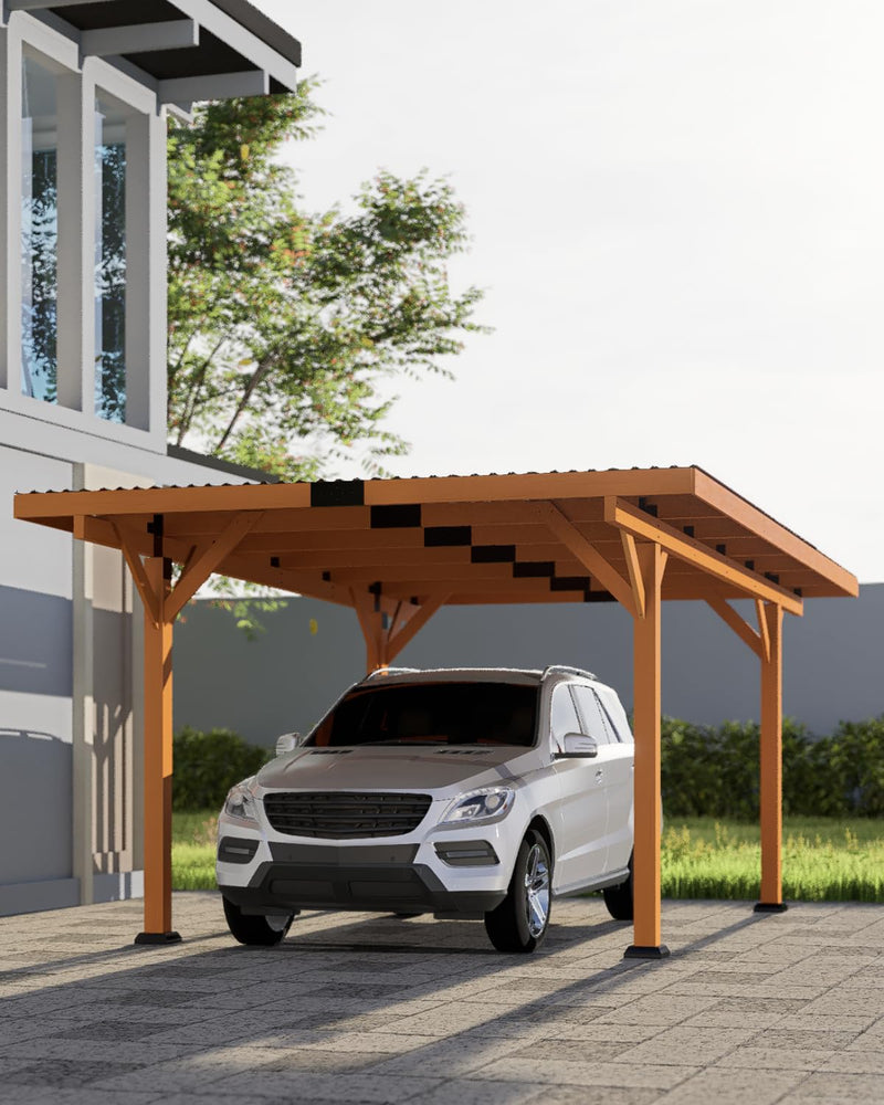 Beneouya 18.3 x 12.6 x 7.8 FT Carport, Wood Outdoor Gazebo Pavilion with Hardtop Sloped Steel Roof, Heavy Duty Waterproof Car Port for Backyard, Patio, Deck and Lawn
