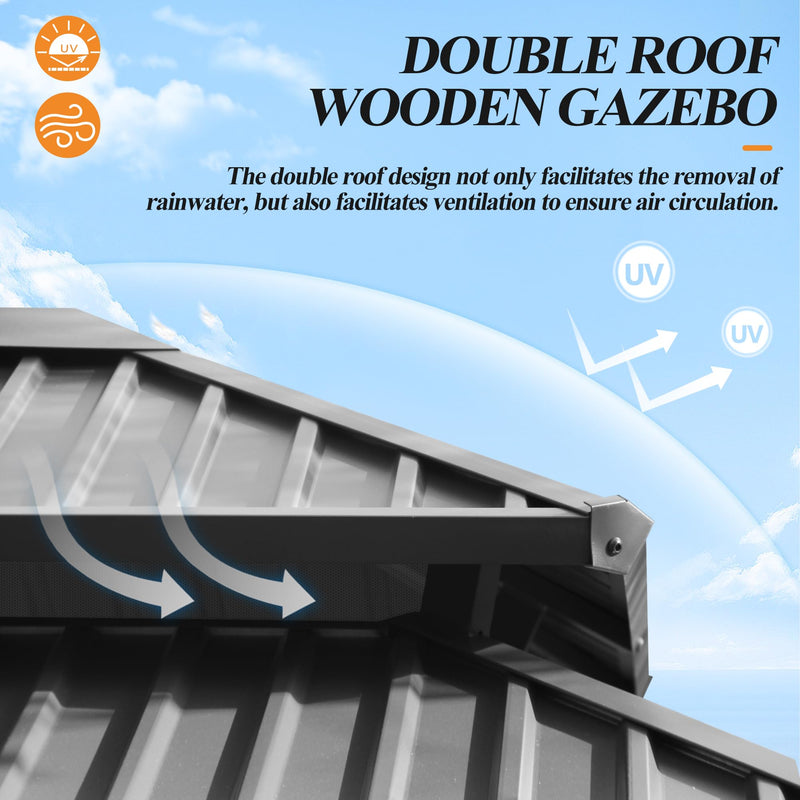 13’x15’ Outdoor Wooden Gazebo - Patio Galvanized Steel Gazebos with Double Vented Roof, Heavy-Duty Cedar Wood Gazebo for Garden, Lawn, Poolside, Backyard Deck