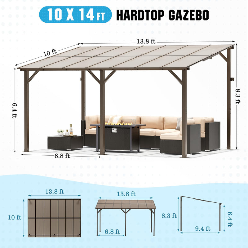 SUNCROWN 10'x14' Hardtop Gazebo, Wall-Mounted Gazebos Pergola, Outdoor Reclining Gazebos with Metal Frame, Lean to Gazebo Metal Awnings for Patio, Deck, Backyard, Porch, Lawns