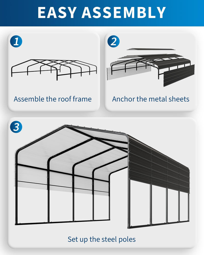 KOKEBREN Metal Carport, Outdoor Car Port Canopy with Reinforced Base and Galvanized Steel Roof, Heavy Duty Garage Car Shelter Shade for SUV, Truck, Boats, 13x20 FT