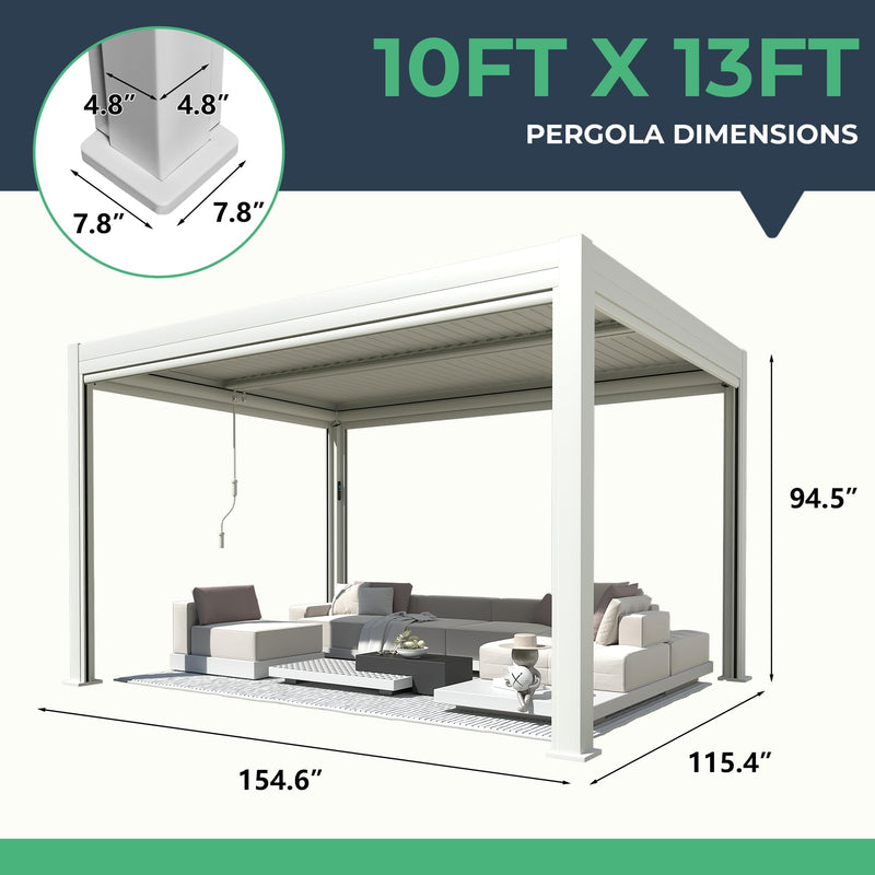 YOLENY Electric Louvered Pergola 10x13, Solar and Electric Powered, Integrated LED and 4 Side Screens, Full Aluminum Frame and Louvers, Adjustable Rainproof Roof for Outdoor Living, White