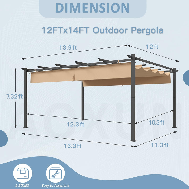 Aoxun 12x14FT Aluminum Pergola, Outdoor Retractable Pergola with Upgraded Canopy Cover, Heavy Duty Metal Pergolas and Gazebos with Adjustable Sun Shade for Modern Patio, Backyard, Deck, Garden
