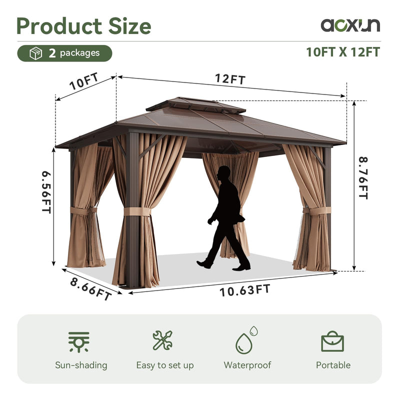 Aoxun 12'x10' Hardtop Gazebo, Aluminum Frame Permanent Pavilion with Curtains and Netting, Outdoor Polycarbonate Double Roof Canopy, Designed for Garden, Lawns, Patio, Brown
