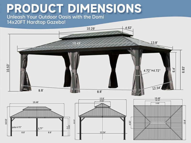 Domi 14' X 20' Hardtop Gazebo Outdoor Metal Gazebo Canopy with Galvanized Steel Double Roof, Aluminum Frame, Curtains and Netting for Patio, Deck, Garden, Grey